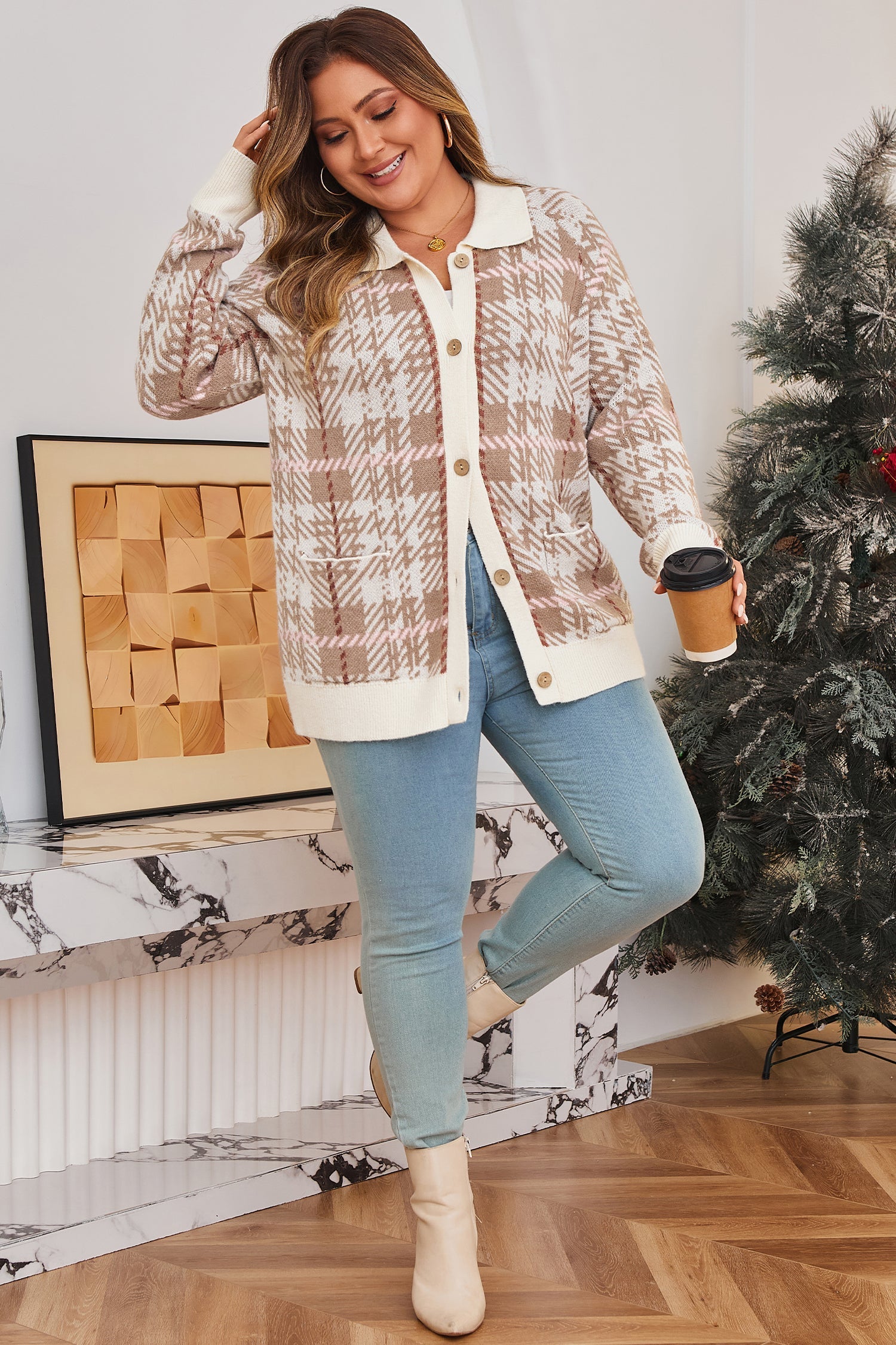 Khaki Vintage Pattern Ribbed Trim Button Front Cardigan