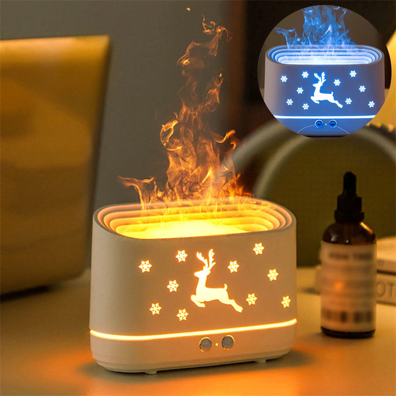 Modern white Elk flame effect humidifier and essential oil diffuser on a minimalist wooden table