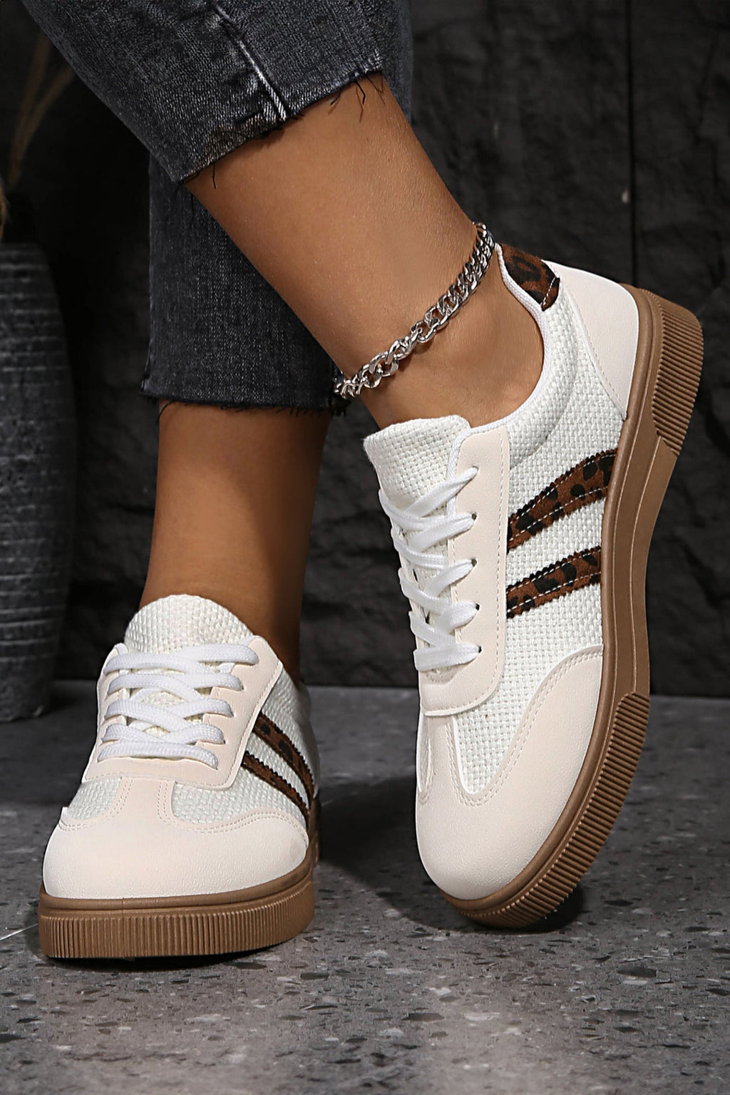 White Leopard Patchwork Woven PU Leather Sneakers
