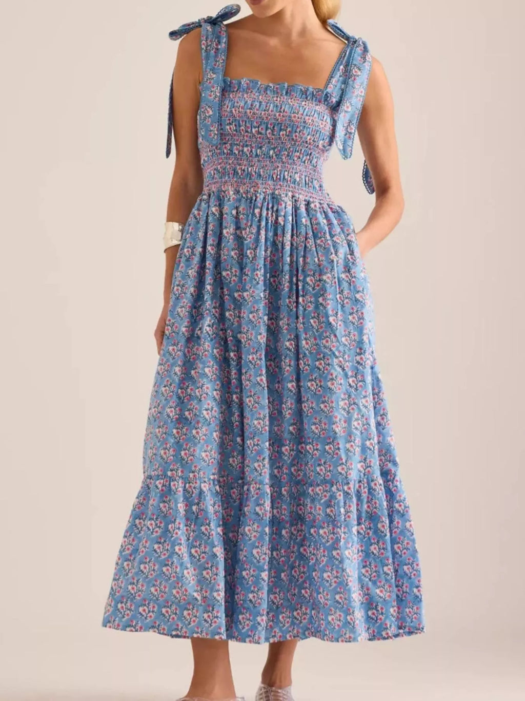 Floral Smocked Tie-Shoulder Midi Dress