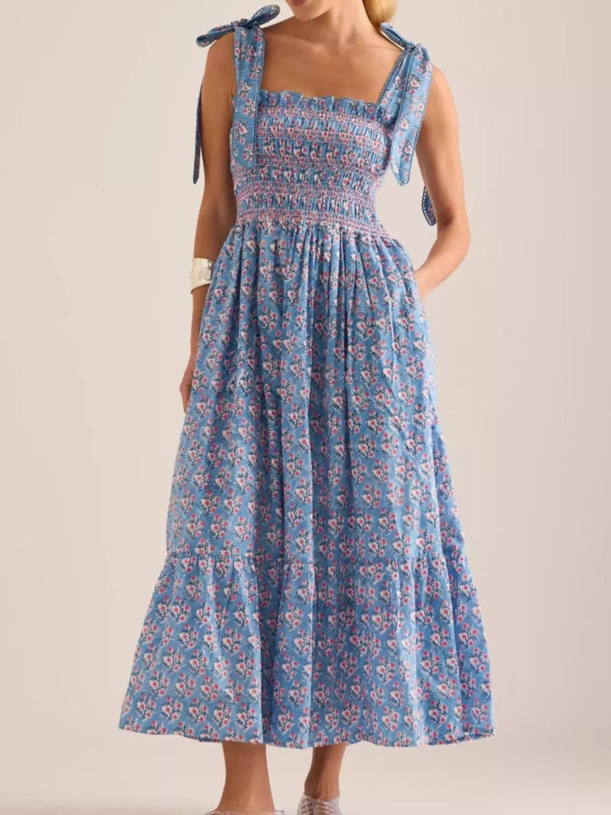 Floral Smocked Tie-Shoulder Midi Dress