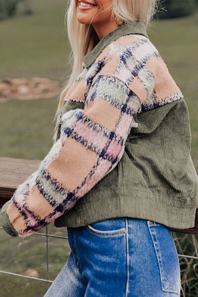 Plaid Corduroy Button Up Jacket with Flap Pockets