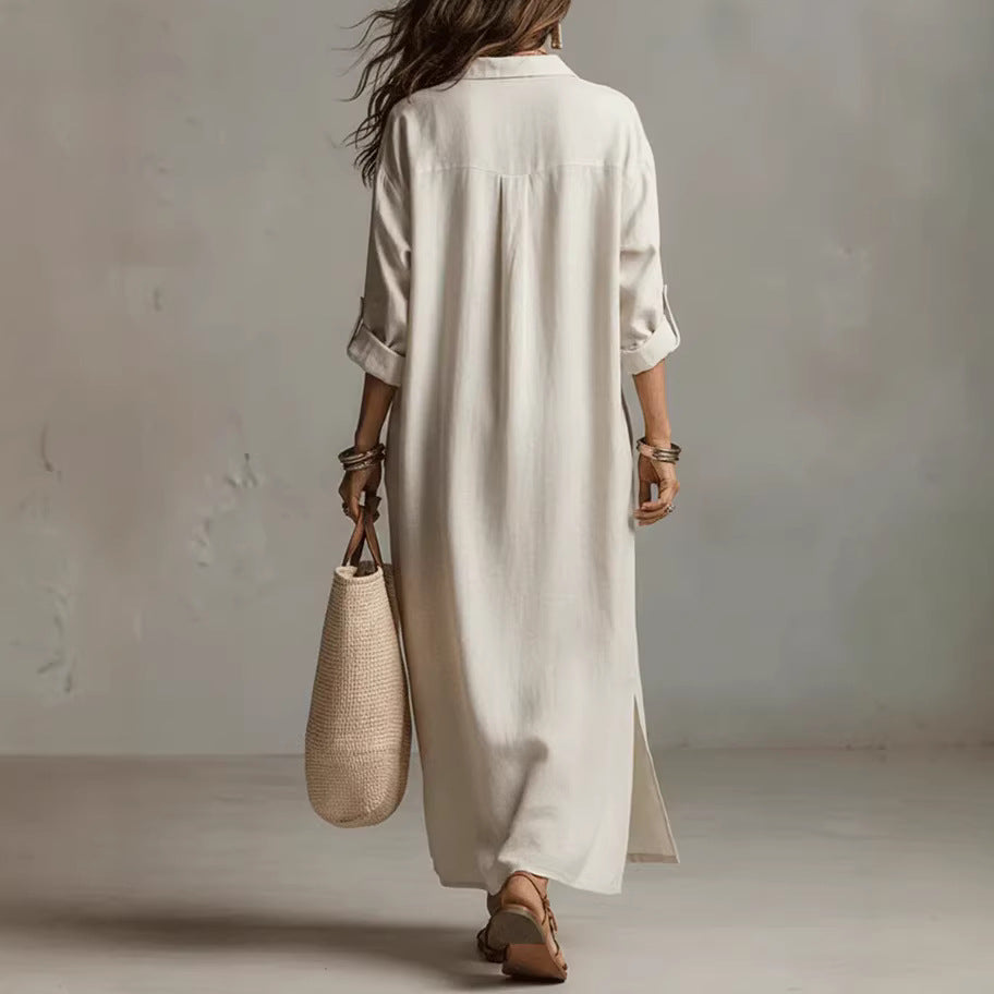 Women's Long-Sleeve Linen Blend Shirt Dress Casual Midi Dress - Image 5