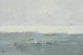 Abstract ocean painting on canvas in muted grey, white, and soft-green colors with gallery-wrapped edges.