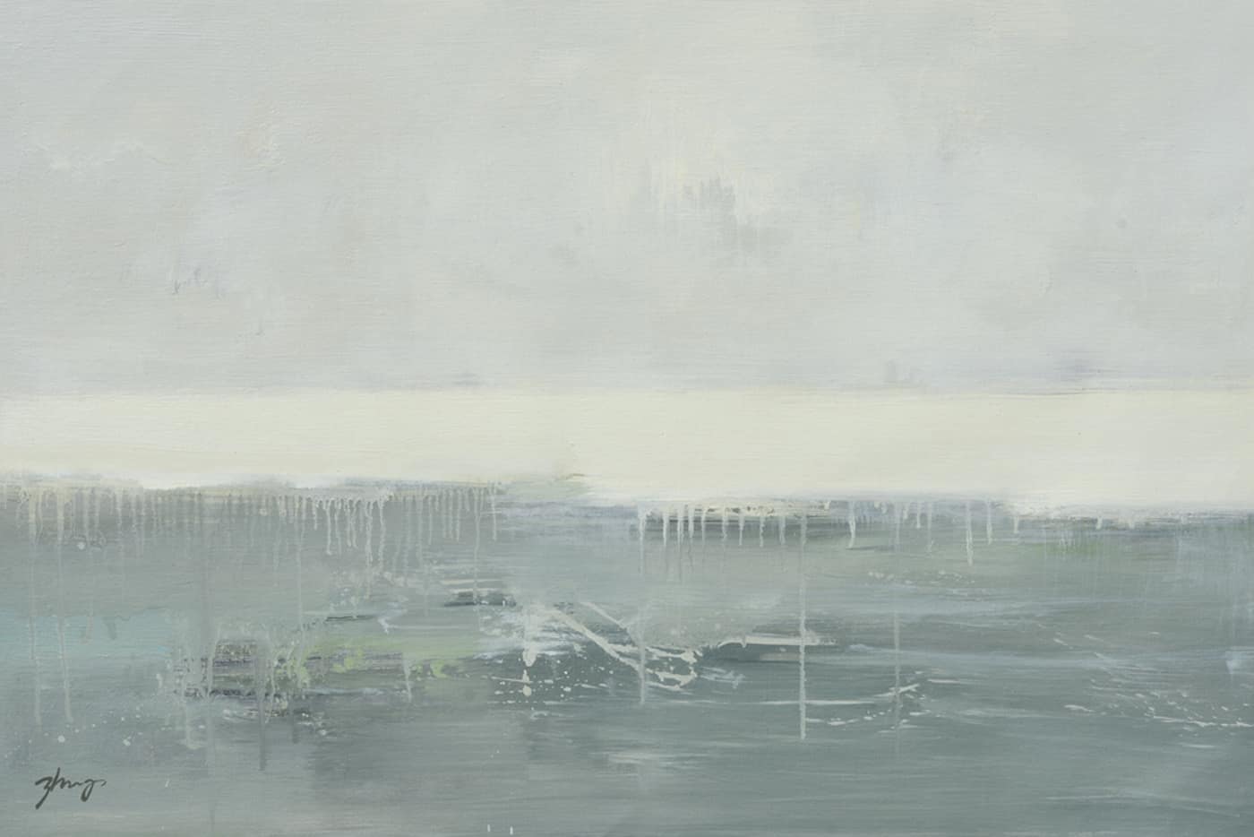Abstract ocean painting on canvas in muted grey, white, and soft-green colors with gallery-wrapped edges.