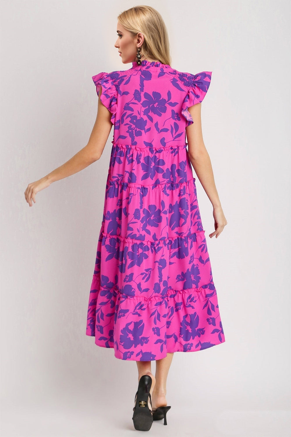 Ruffled Printed Sleeve Midi Dress - Elegant Red-Violet Design