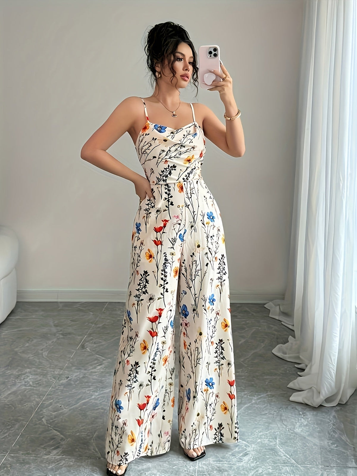Elegant Floral Plunge Wide Leg Jumpsuit
