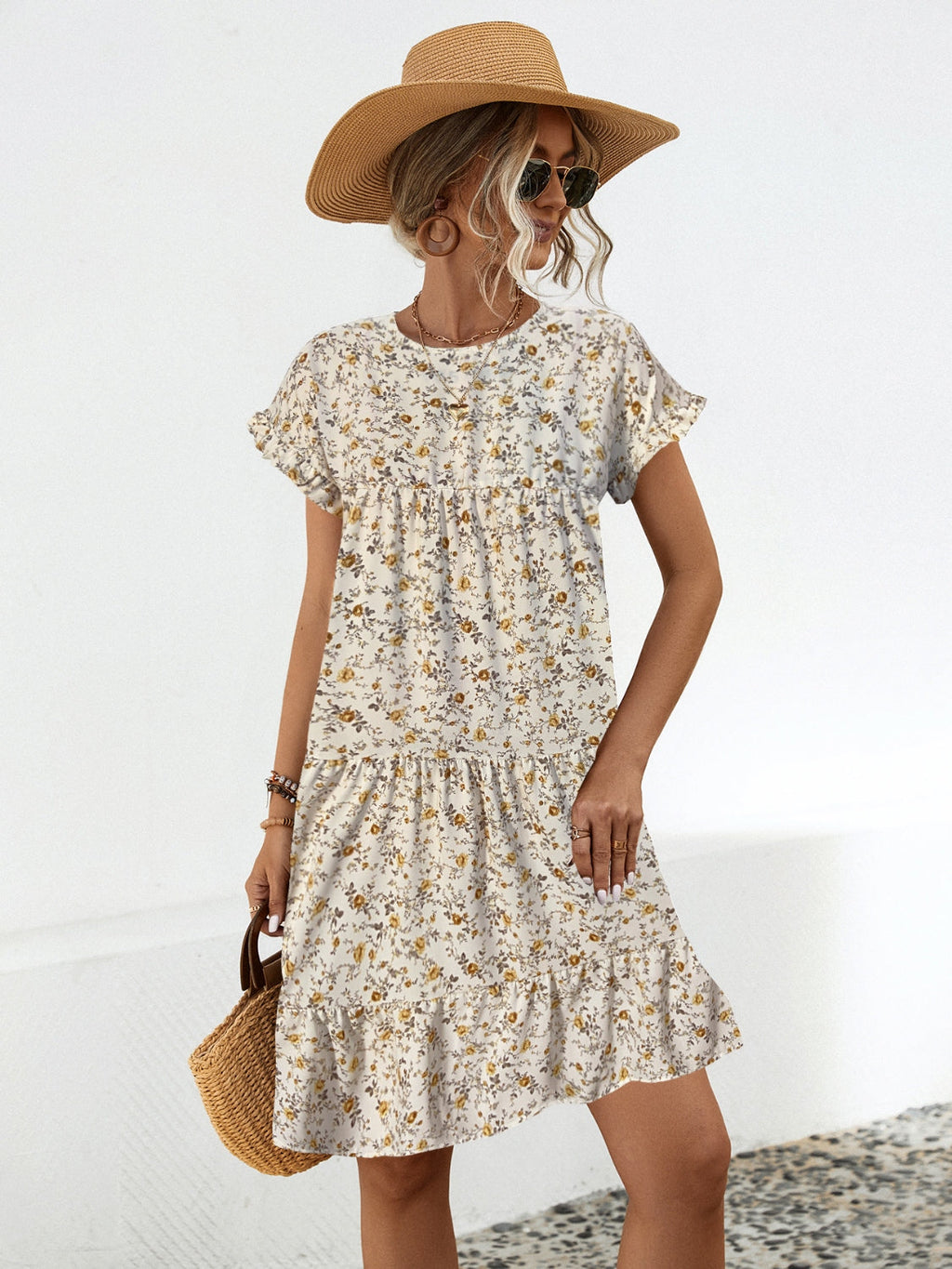 Floral Tiered Short Sleeve Dress