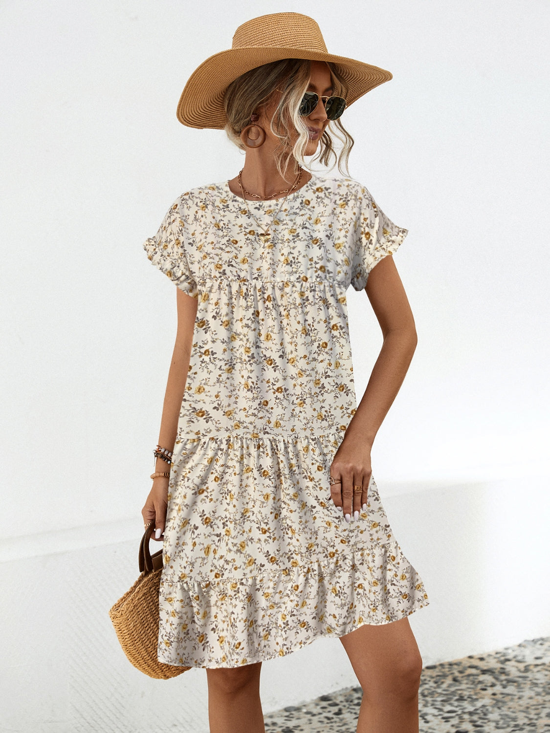 Floral Tiered Short Sleeve Dress