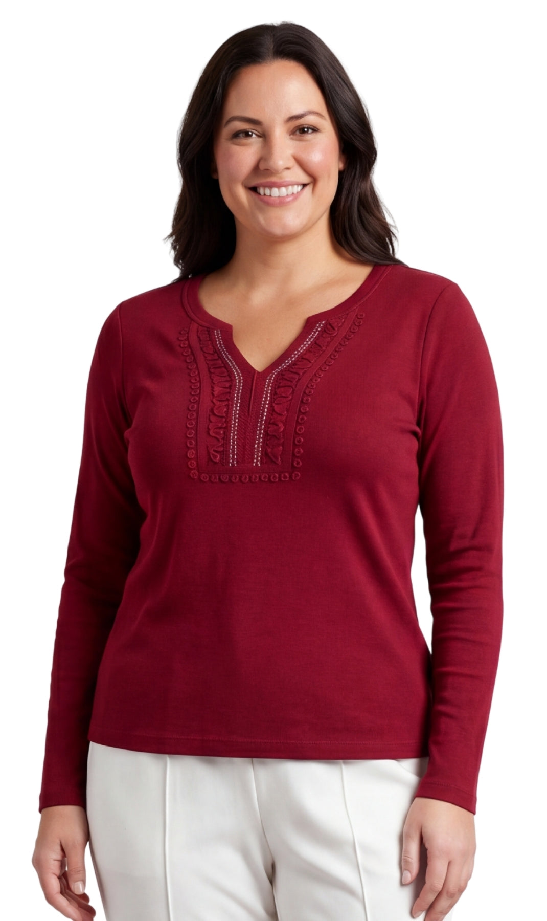 Close up of women's V-neck knit top featuring open crochet detail and jewel trim at the neckline