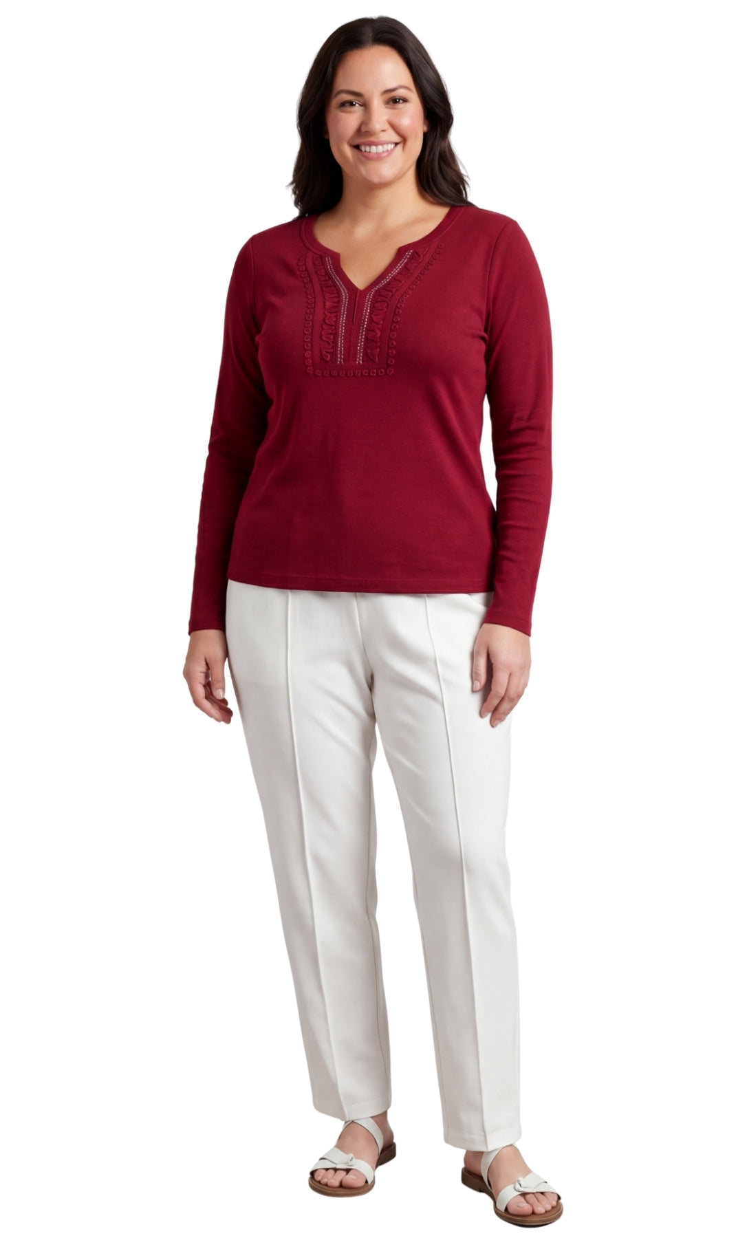 Women's Open Crochet V-Neck Knit Top with Jewel Trim