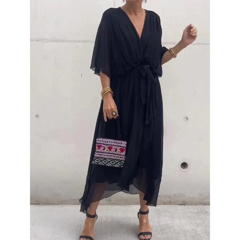 Batwing Sleeve V-Neck Fairy Dress Mid-Length Summer Casual Dress