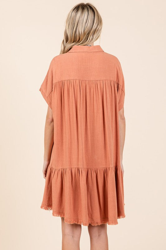 Linen Blend Button Down Mini Dress with Tiered Detail & Raw Hem