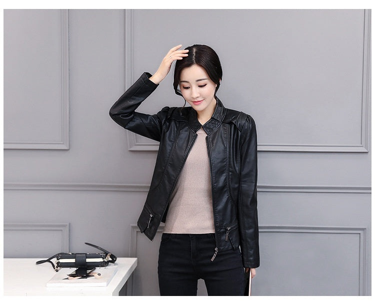 Women's Korean-Style Slim Fit Motorcycle Leather Jacket