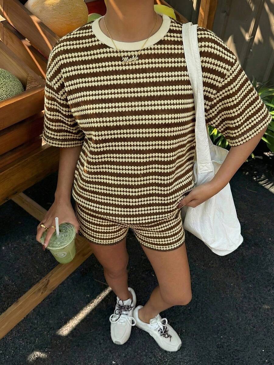 Women's Striped Crew-Neck Short-Sleeve T-Shirt and Shorts Set - Image 7