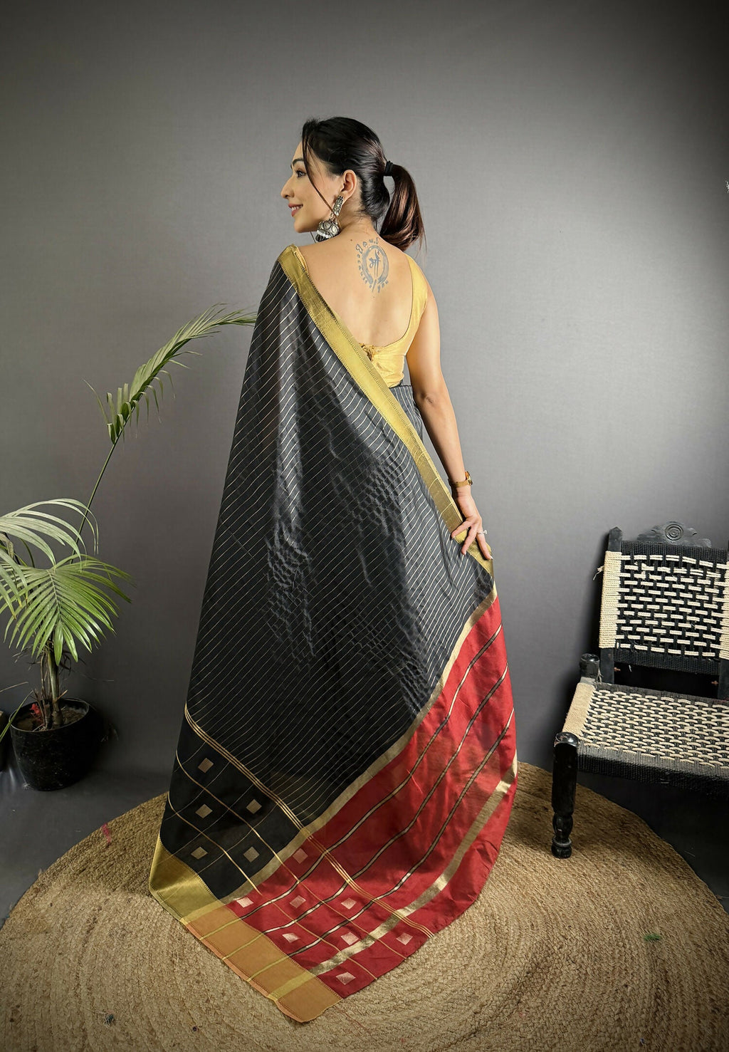 Black Bhagalpuri Cotton Silk Saree with Geometric Box Stripes
