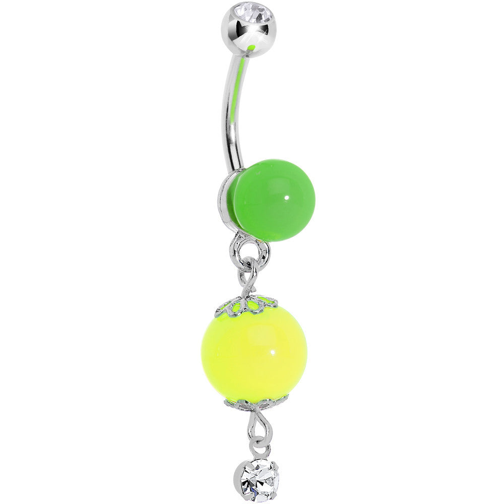 Neon yellow and green bead dangle navel ring on a white background