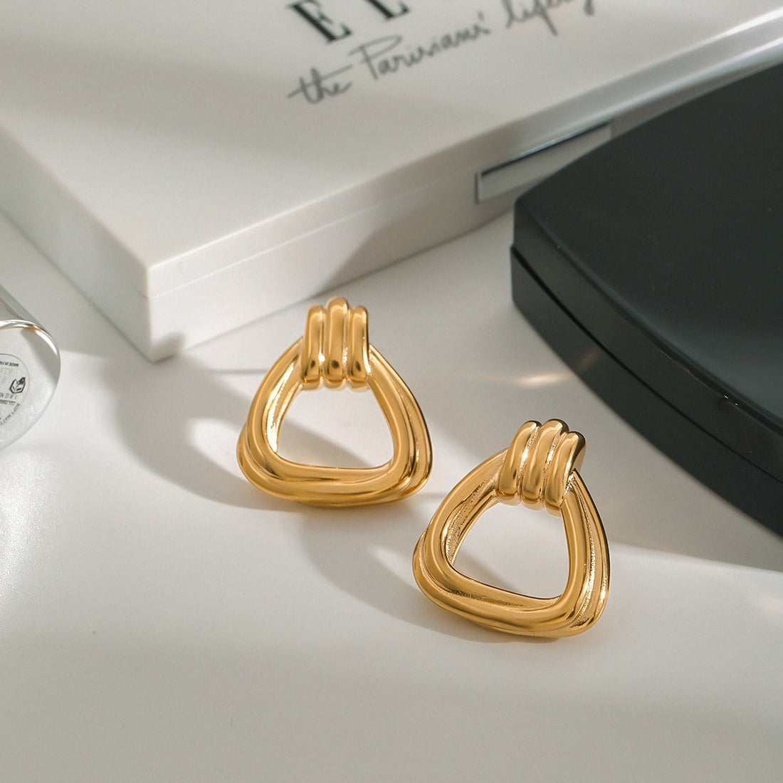 18K Gold Geometric Triangle Hollow Statement Earrings