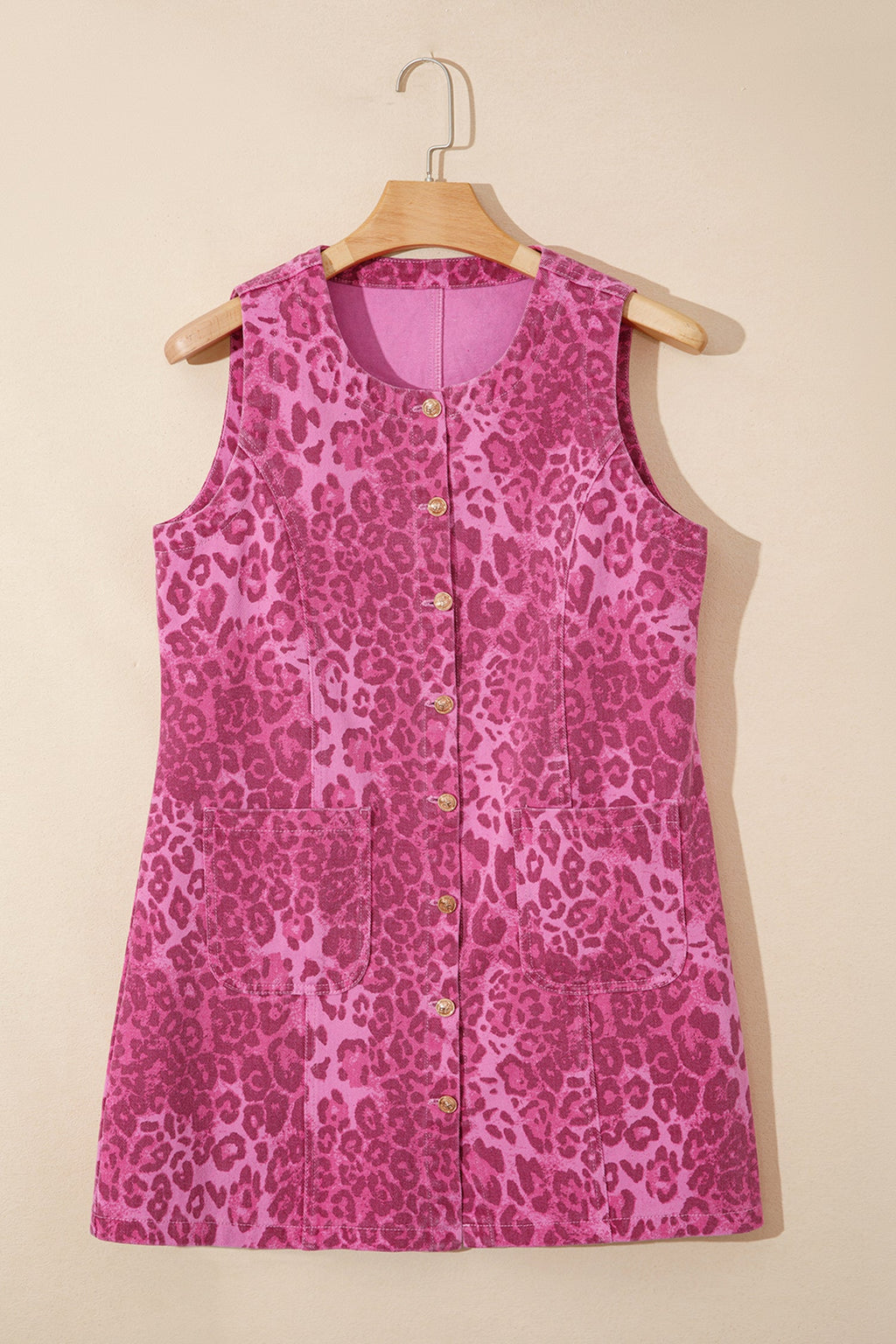 Pink Leopard Print Denim Sleeveless Button Front Mini Dress - Image 2