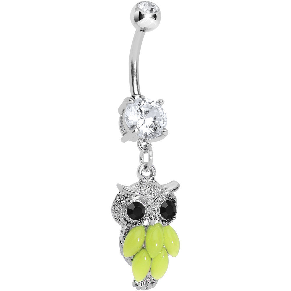 Yellow neon owl dangle belly ring with clear gem accents and black eyes
