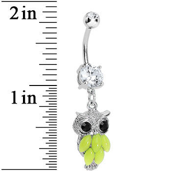 Yellow Neon Owl Dangle Belly Ring with Sparkling Clear Gems