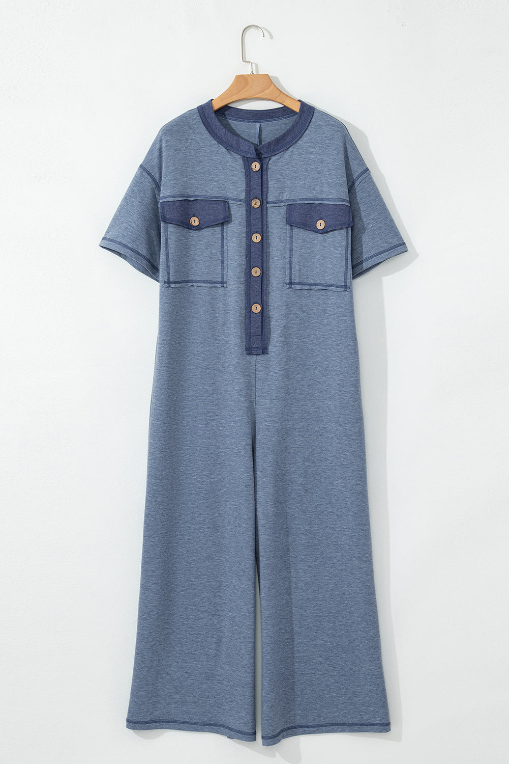 Beau Blue Patchwork Pocket Short Sleeve Jumpsuit