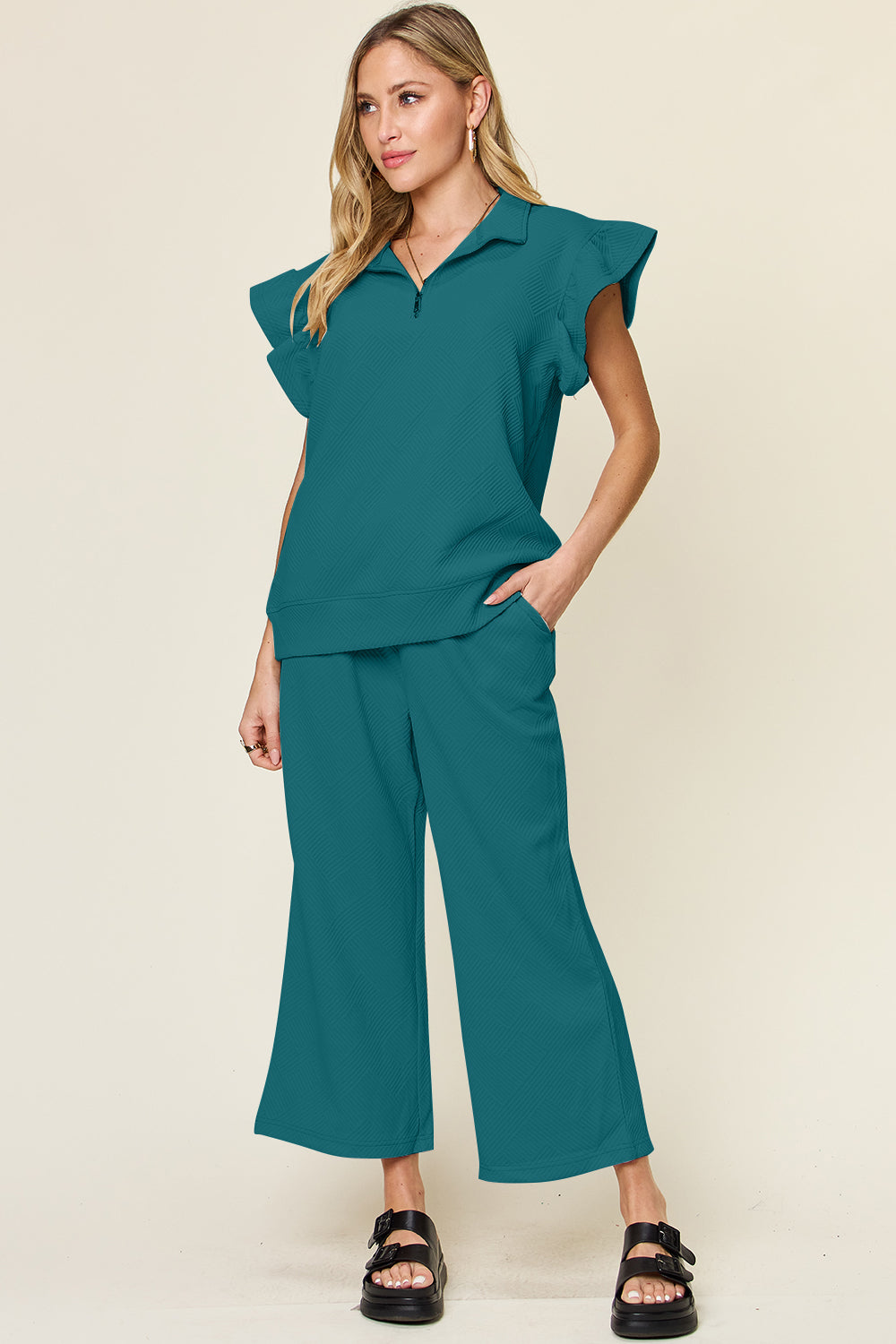 Textured Ruffle Top & Drawstring Wide Leg Pants Set