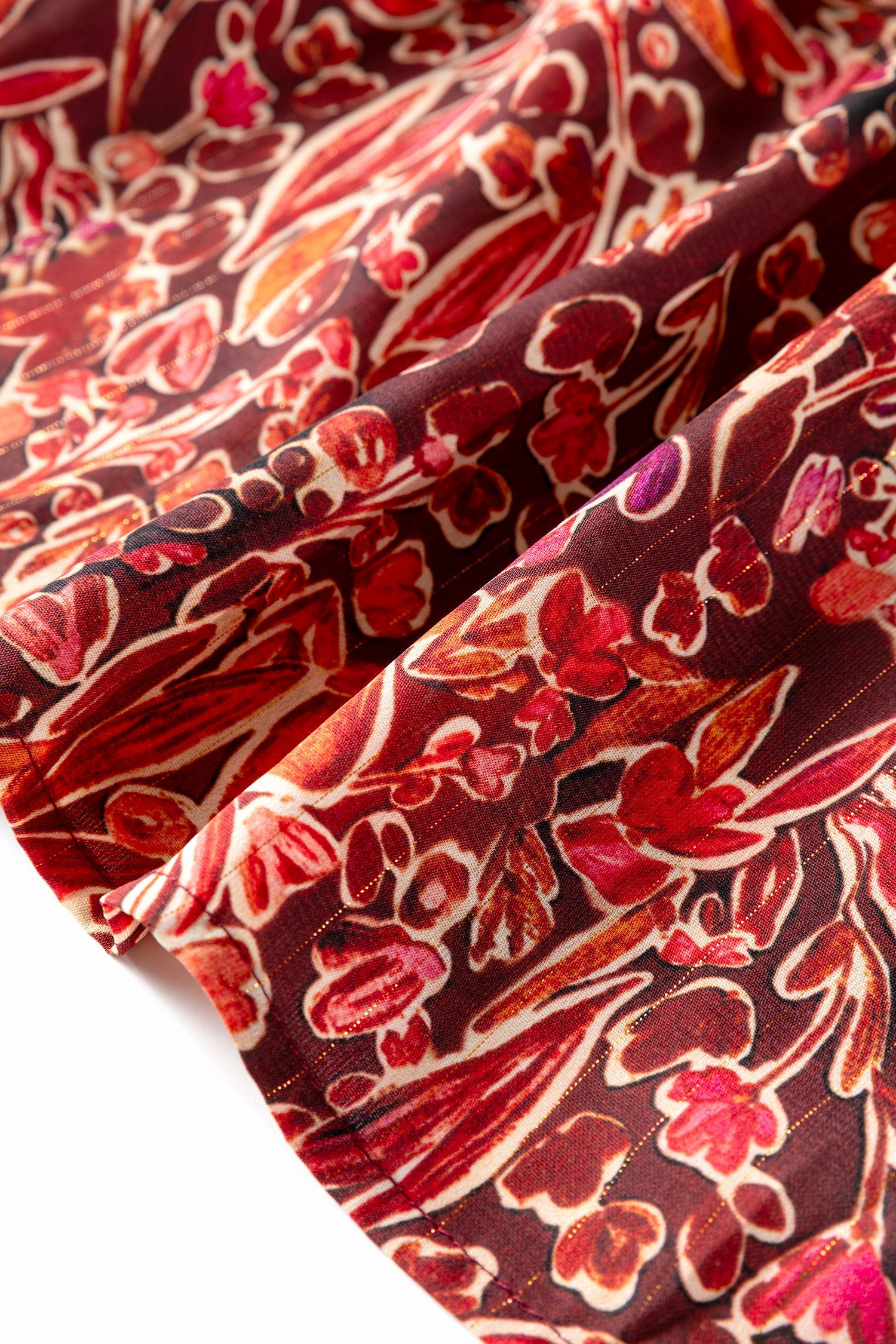 112 Red Floral Chiffon Long Sleeve Mini Dress - Shirred High Neck