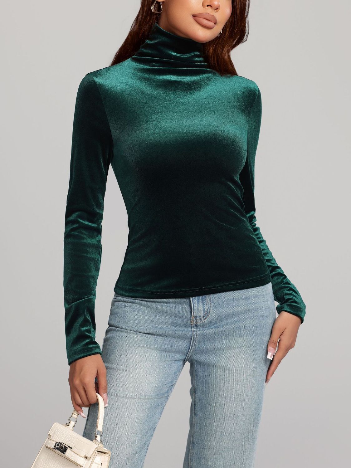 Emerald Green Velvet Turtleneck Long Sleeve Top - Image 4