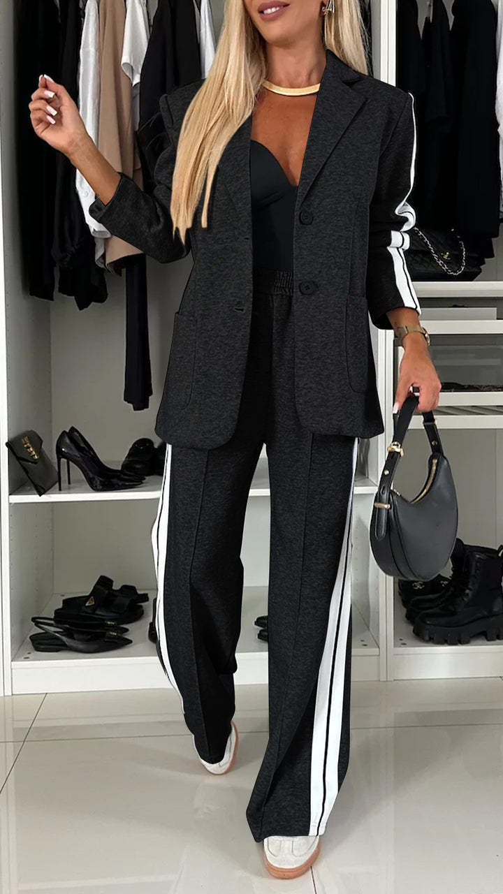 Women's Elegant Gray Flannel Suit Set with Athletic Stripe Trim