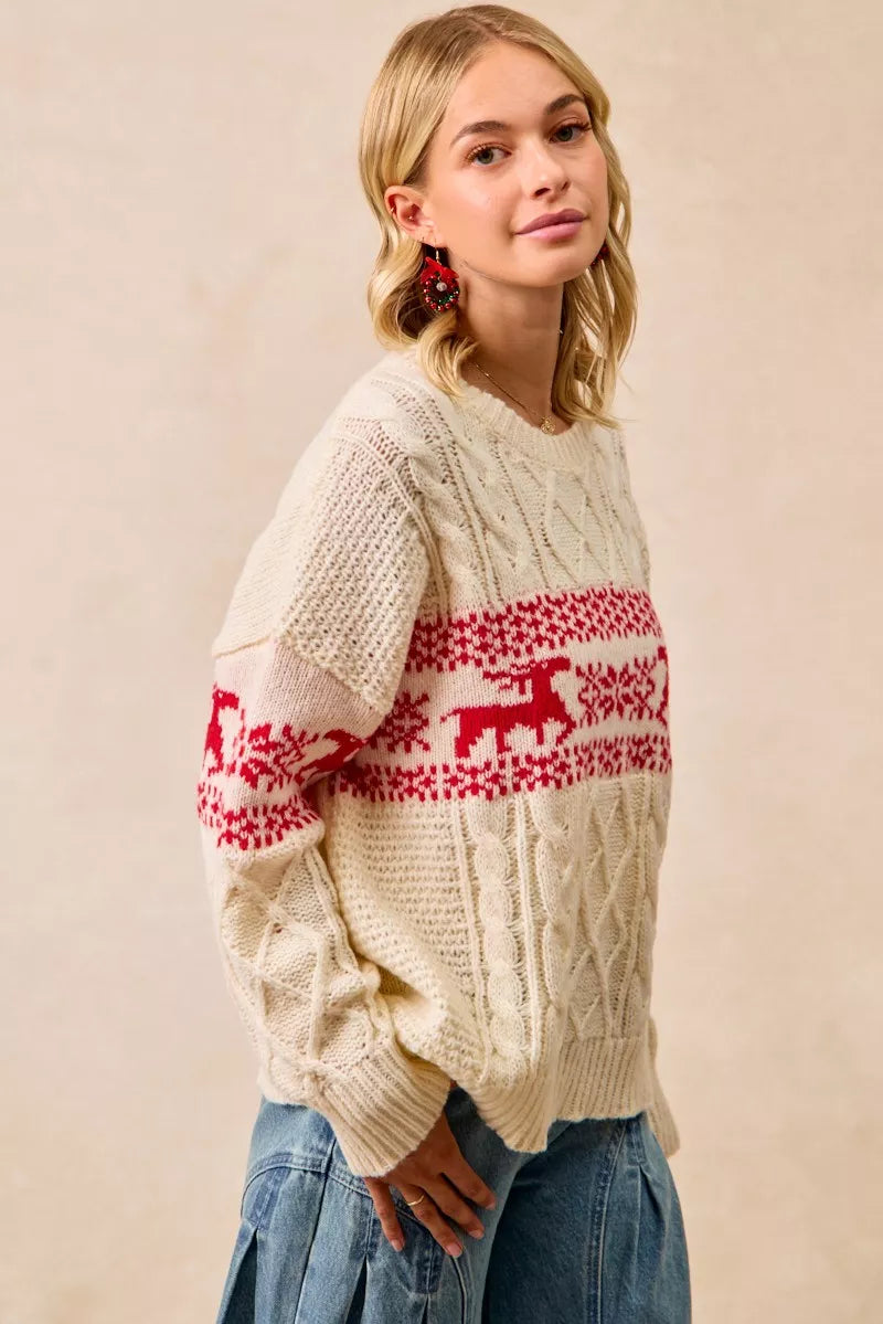 Christmas Fair Isle Cable Knit Sweater in Red
