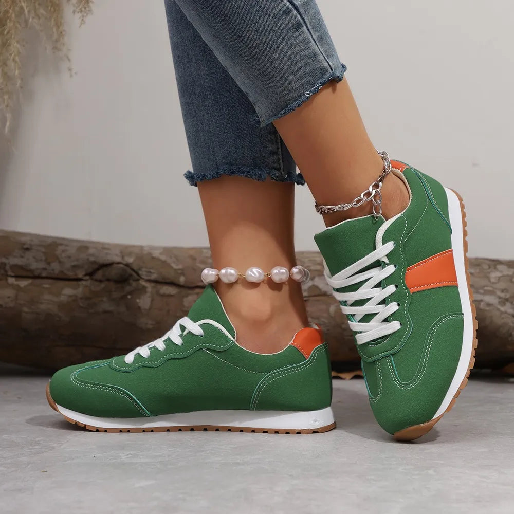 PU Leather Contrast Round Toe Flat Sneakers - Lace-Up Casual