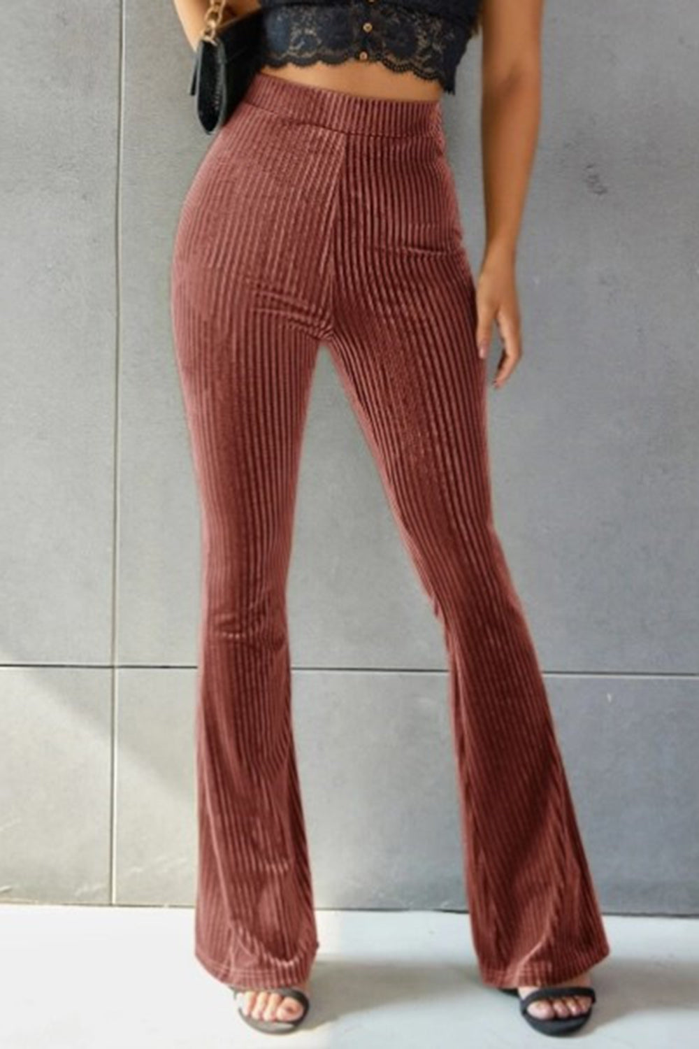 Ribbed High Waist Flare Pants in Grey Velvet