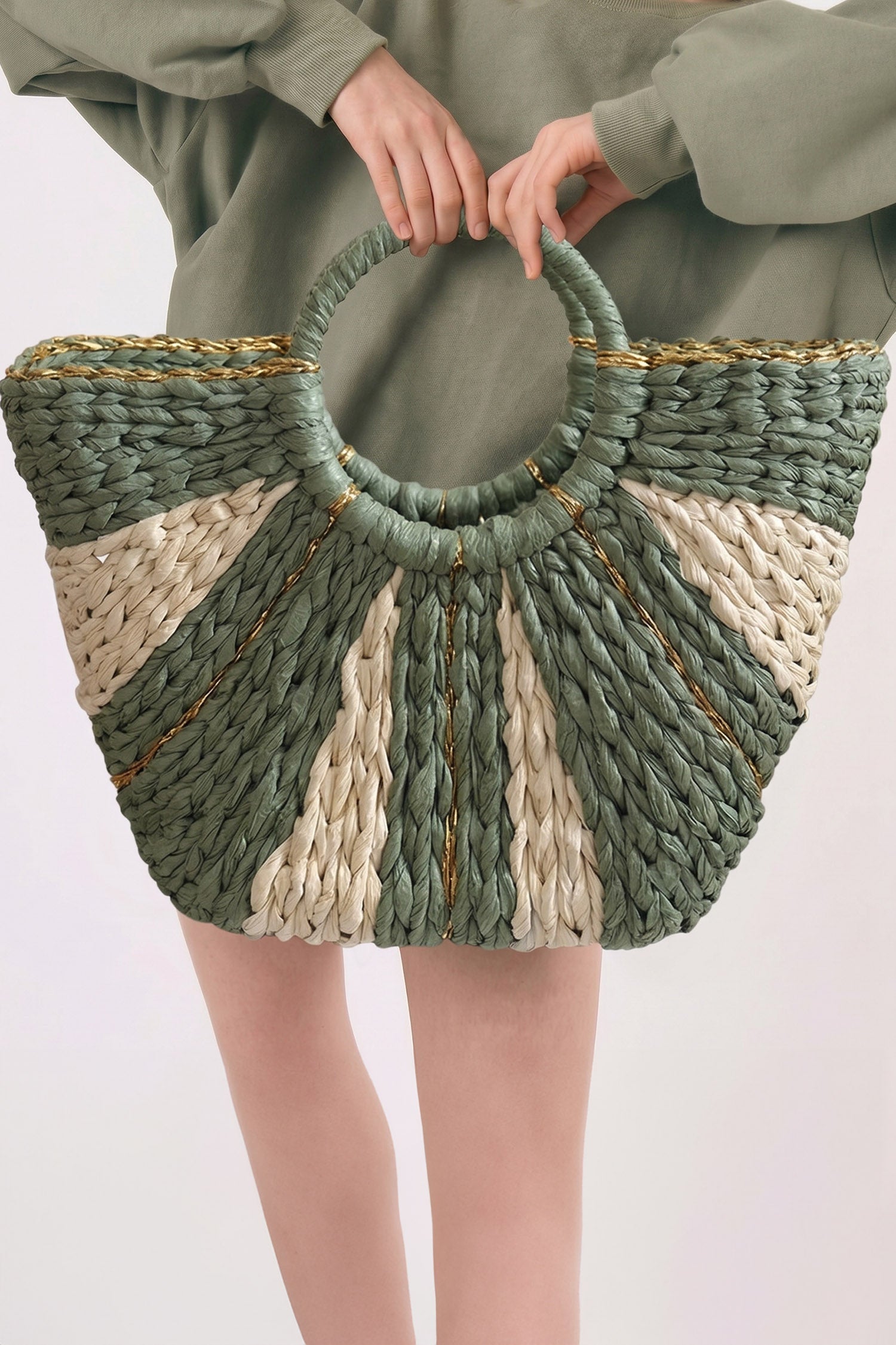 Rachel Handwoven Straw Tote Bag in Sage Green and Cream Stripe