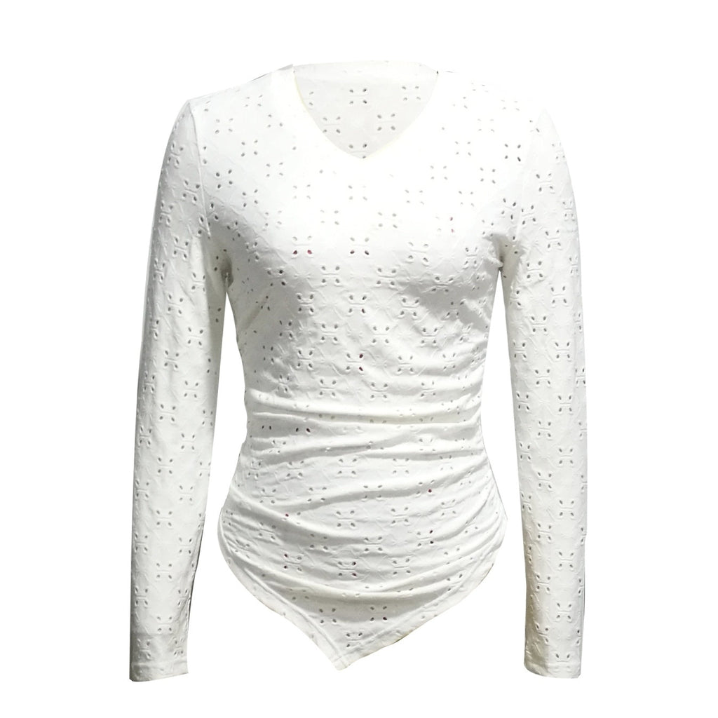 Women’s White Hollow Out V-Neck Long Sleeve Slim Fit Top - Image 2