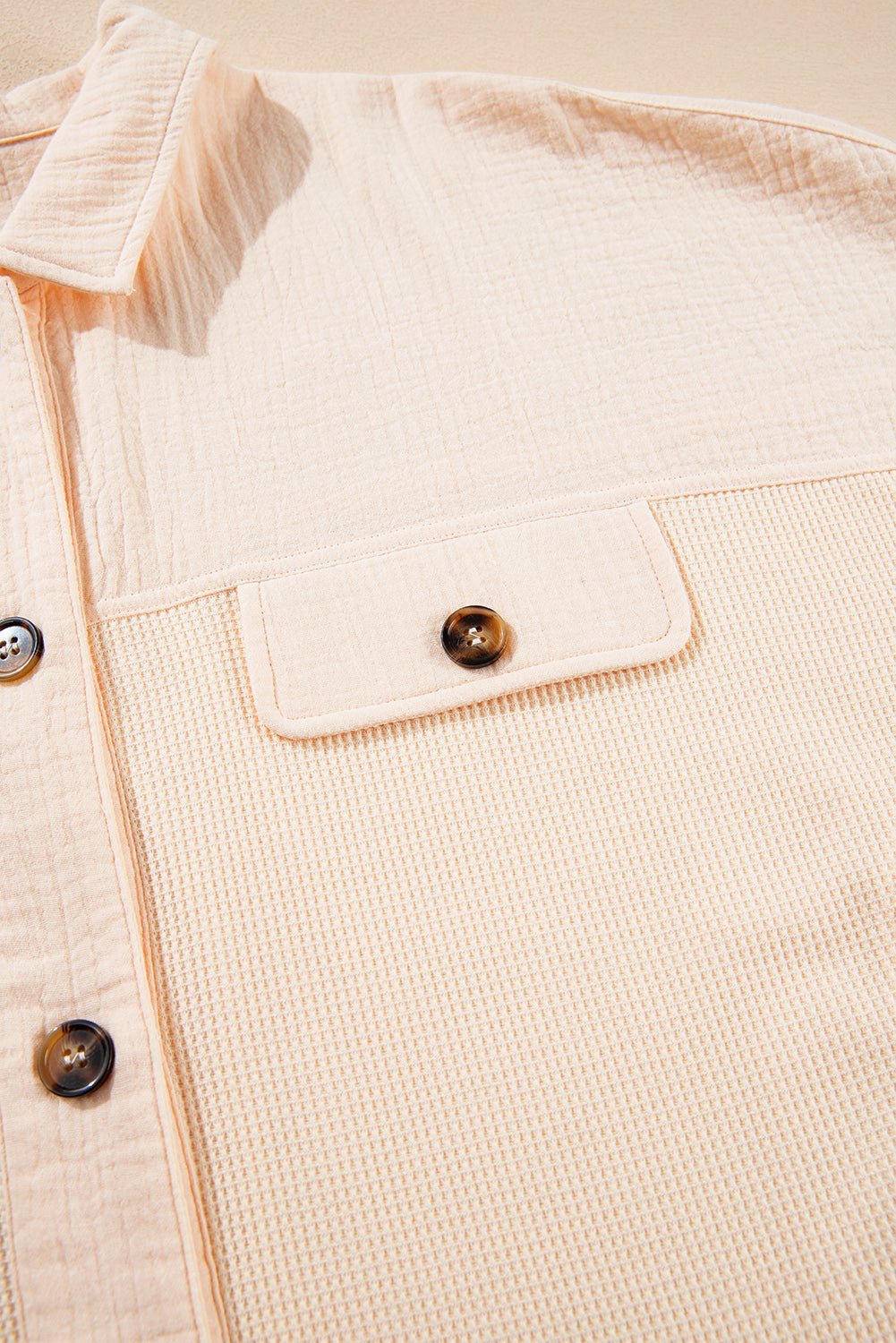 Beige Waffle Splicing Batwing Sleeve Shirt with Flap Detail