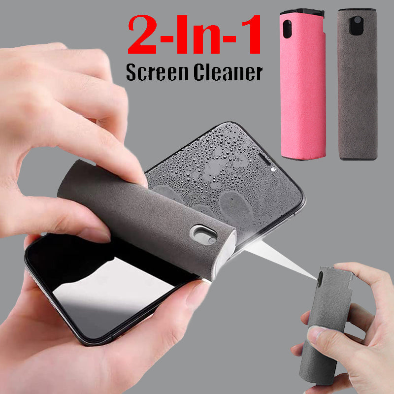 A portable all-in-one screen cleaner set featuring a spray bottle and microfiber wipe for mobile phones and computers.