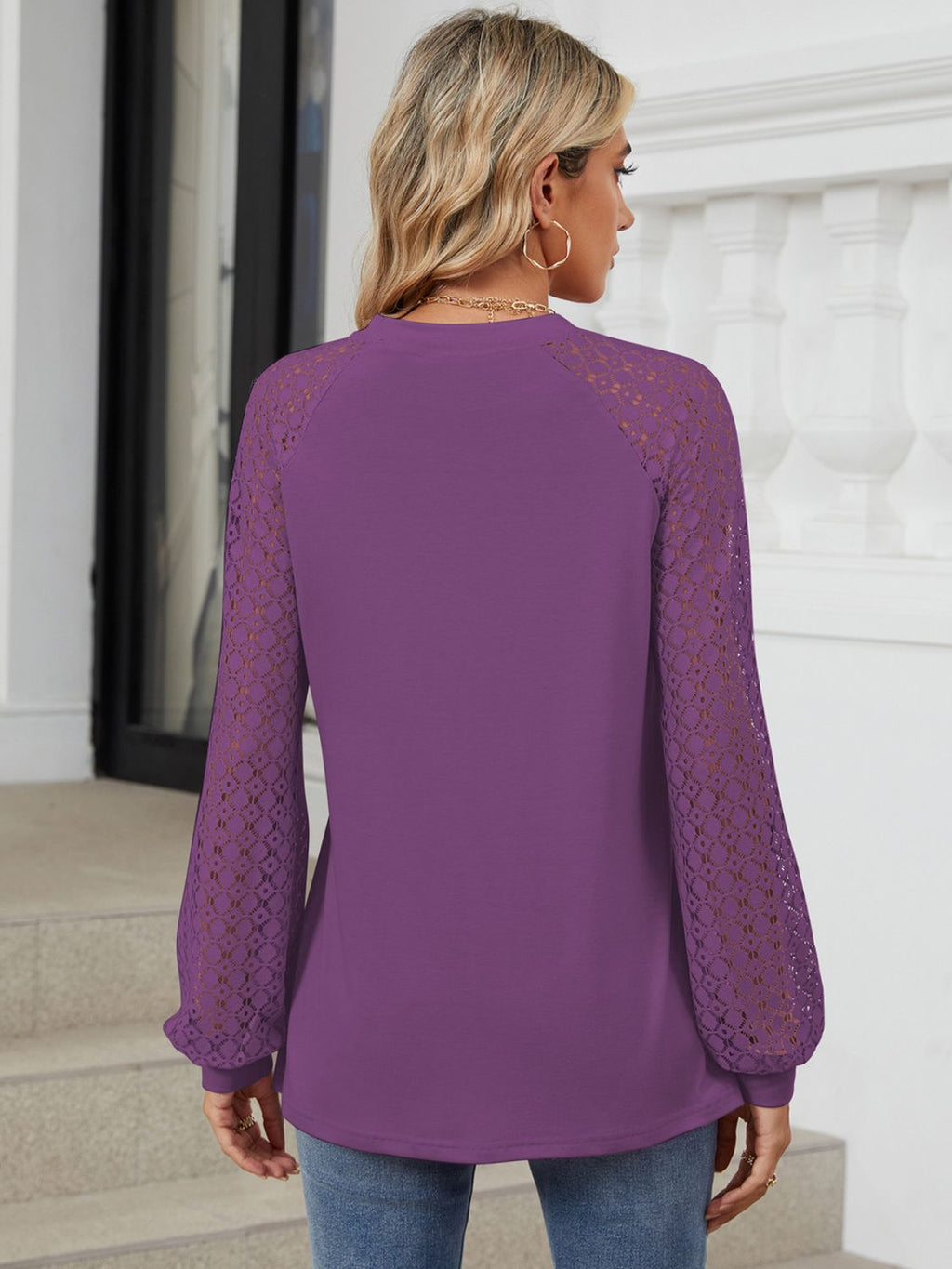 Women's White Round Neck Long Sleeve Lace Detail Casual Top - Image 5
