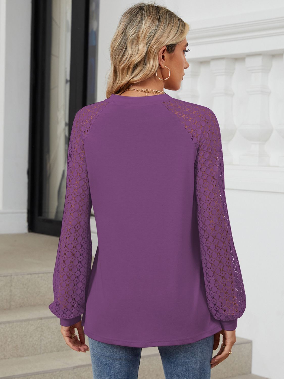 Women's White Round Neck Long Sleeve Lace Detail Casual Top - Image 5