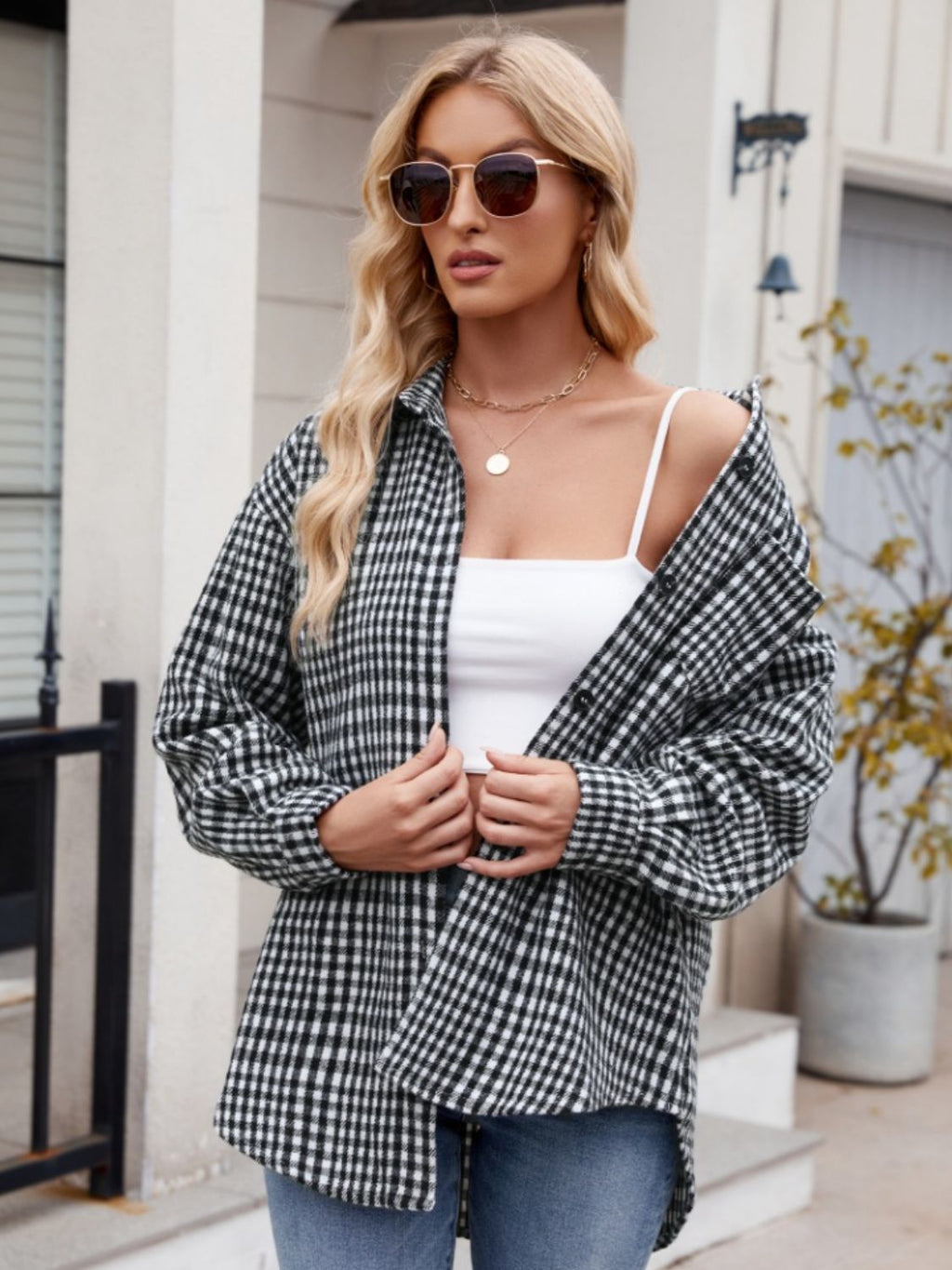 Women's Plaid Button-Down Shirt Oversized Casual Long Sleeve Top - Image 6