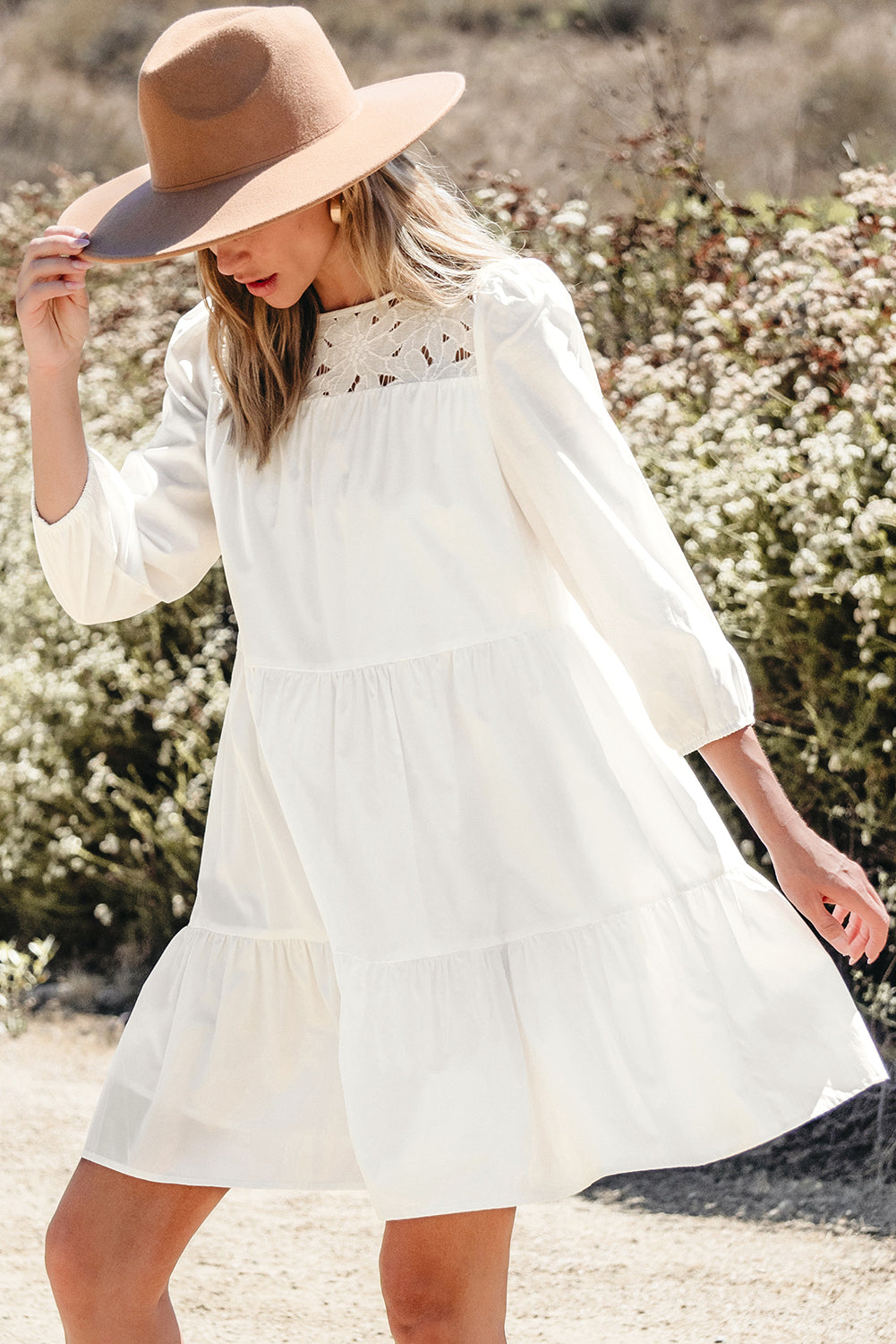 Whitley Floral Lace Patchwork Tiered Mini Dress in White - Image 3