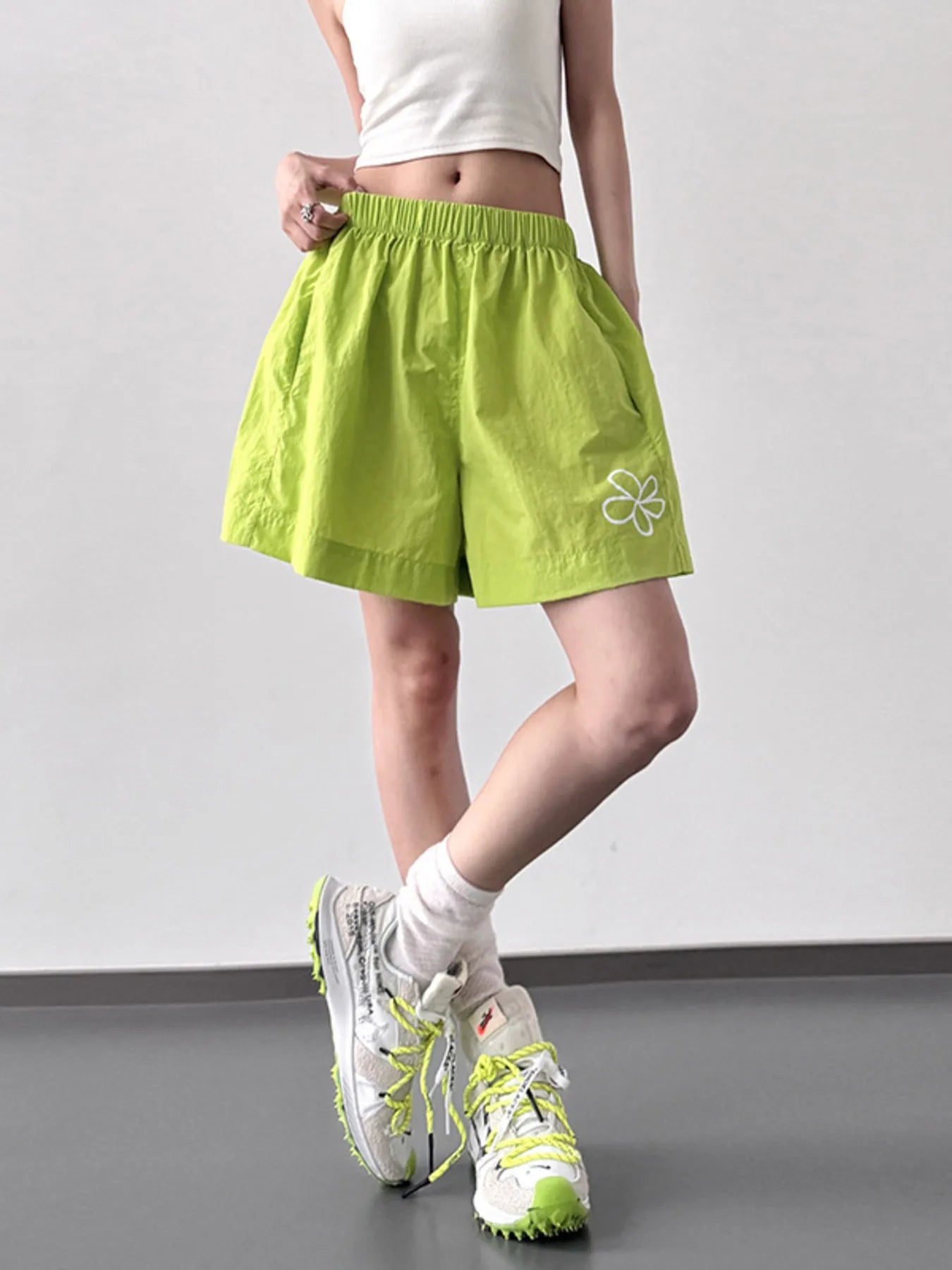 Women's Yellow Elastic Waist Casual Shorts with Floral Detail - Image 12