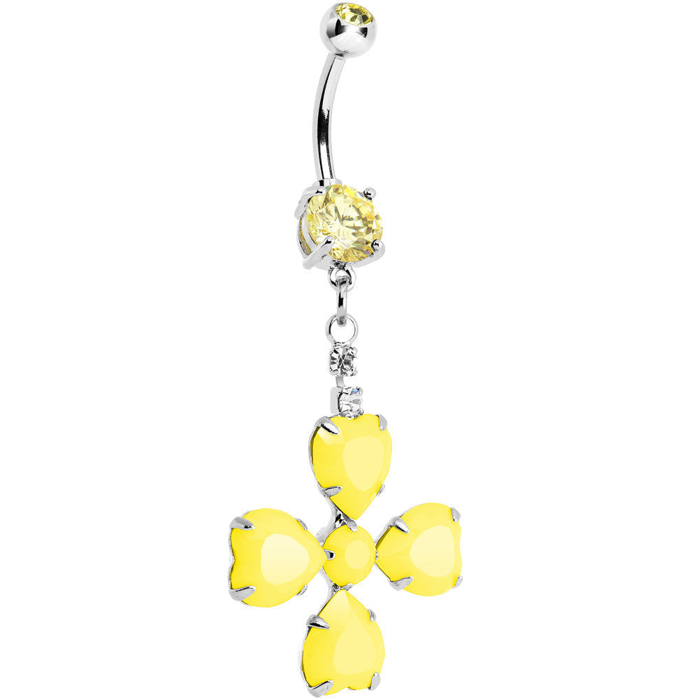Neon yellow four leaf clover dangle belly ring with clear crystal accent on white background