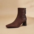 Women's Brown Sheepskin Square Toe Chunky Heel Ankle Boots - Image 6