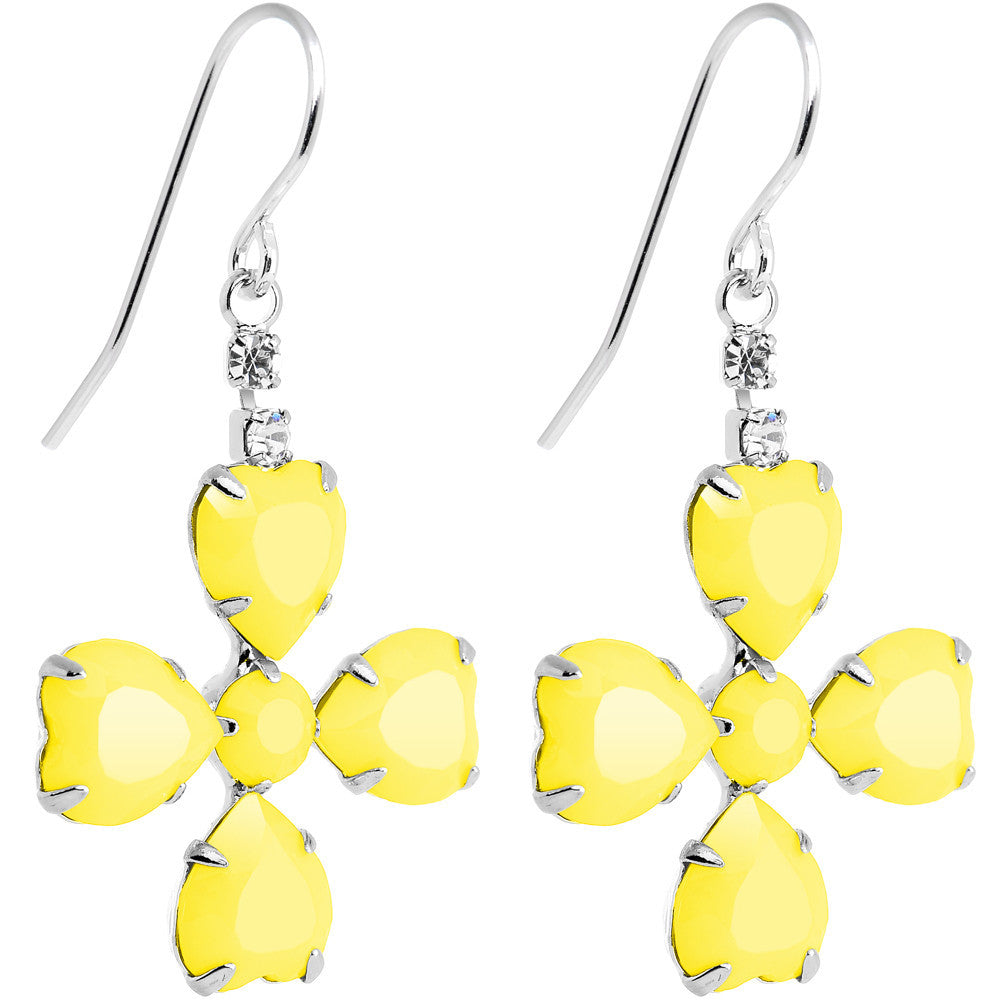 Neon yellow four-leaf clover shaped dangle earrings with silver-tone fishhook wires and crystal accents.