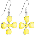 Neon yellow four-leaf clover shaped dangle earrings with silver-tone fishhook wires and crystal accents.