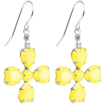 Yellow Neon Four Leaf Clover Dangle Earrings Silver Tone - Image 2