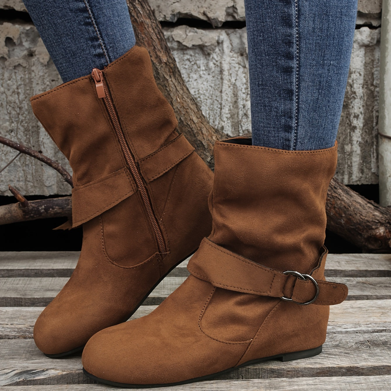 Women's Ankle Boots with Buckle Belt & Side Zip