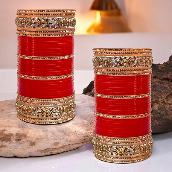 Bridal Red and Golden Stone Punjabi Chuda Bangle Set for Wedding Wear