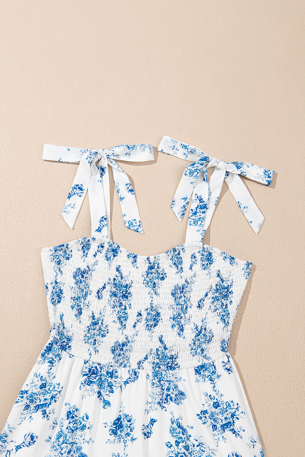 Sky Blue Floral Shirred Knot Shoulder Sleeveless Dress